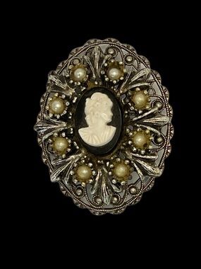 Vintage Cameo Brooch Filigree Marcasite Faux Pearl Gibson Girl